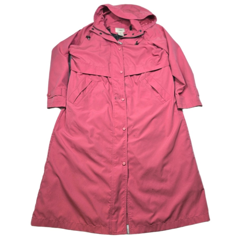 LL Bean Trench Raincoat Womens Medium Petite Pink Hooded Remove Lined Duster VTG